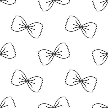 İtalyan makarnası pürüzsüz desenli, siyah beyaz farfalle beyaz arka planda izole edilmiş, düz şekilde ana hatlı vektör çizimi.