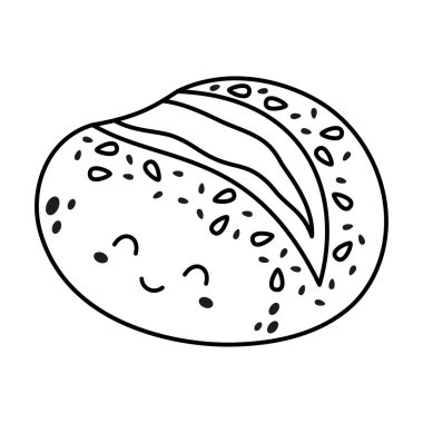 karikatür çavdar ekmeği karakteri izole edilmiş, beyaz arkaplanda siyah beyaz yiyecek elementi, düz bir şekilde çizilmiş resimleme