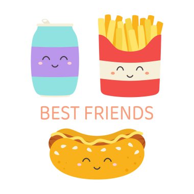 Kawaii gülümseyen sosisli sandviç, patates kızartması ve içecek vektör karakterleri beyaz arka planda izole edilmiş, şirin fast food menüsü seti, komik ve mutlu yemek maskotu resimli harflerle.