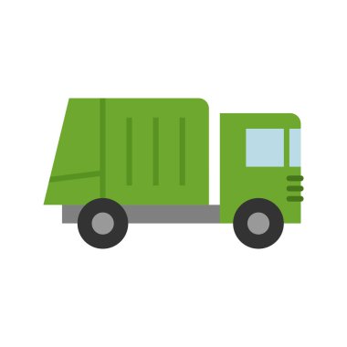 Çöp kamyonu ikonu. Sağlam ev ve ticari atıkların toplanması ve taşınması. Beyaz arka planda piktogram izole edildi. Vektör illüstrasyonu.