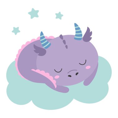 çizgi film bebek ejderhası bulutların üzerinde uyuyor, basit düz vektör çizimi ve yeni yılın sembolü.