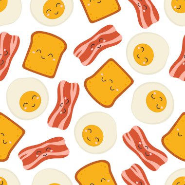 Kızarmış yumurtanın vektör çizimi, sağlıklı gıda paketlemesi için kusursuz desenler, yumurta, tost ve pastırmalı kahvaltı arka planı karakteri.