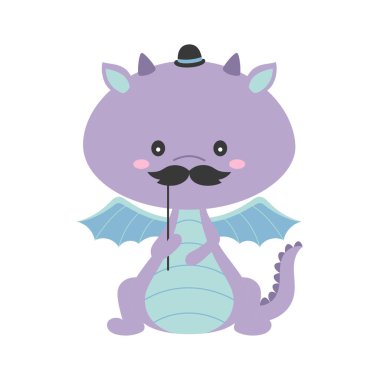 Karnaval ya da maskeli balo kostümleri için giyinmiş komik ejderha bıyıklı ve silindir şapkalı şirin hayvan mutlu babalar günü için çocuksu baskı, çizgi film düz tasarım.