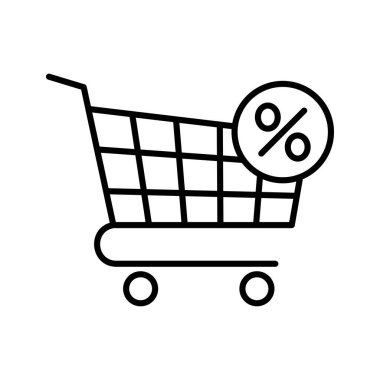 Alışveriş arabası ve indirim ikonu. İndirimli tabelalar, bir beyazın üzerinde. Vektör illüstrasyonu.