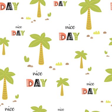 Tropikal ormansız desen, palmiye ağaçları, bitkiler ve basit İskandinav tarzında güzel bir gün, vektör karikatür arka planı