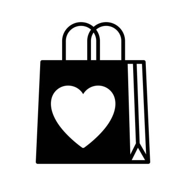 Kalp ikonlu alışveriş torbası. Piktogram beyaza izole edildi. Kutlama ve Sevgililer Günün kutlu olsun. Vektör.