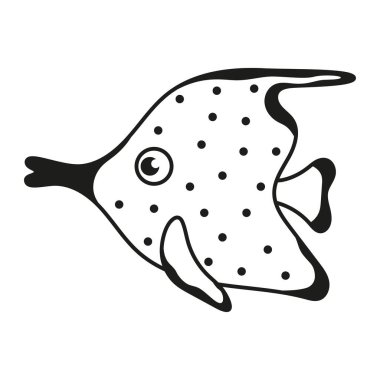 Siyah-beyaz karikatür çizimi deniz balığı çizimi, ana hatlı beyaz kelebek balığı, çocuklar için baskı