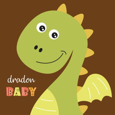 Bebek ejderhalı tebrik kartı, çizgi filmli komik hayvanlı düz vektör çizimi, sevimli dinozor karakterli kartpostal.