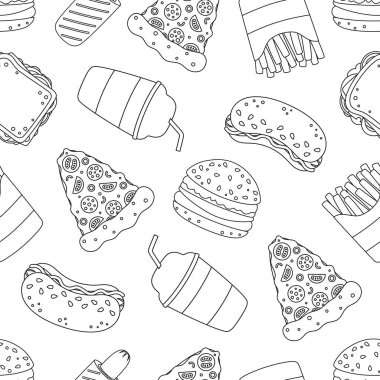 Fast food dekoratif kusursuz desen, çizgi biçimli vektör arkaplan, siyah ve beyaz tekrarlayan besin elementleri