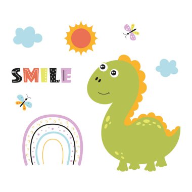 sevimli karikatür dinozor ve gökkuşağı, hayvanlı düz vektör çizimi, çocuklar için baskı