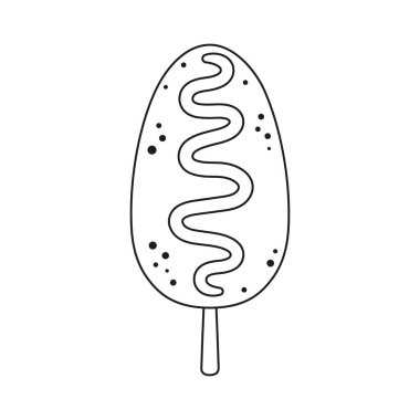 Beyaz arka planda izole edilmiş mısırlı sosis, Kore fast food, sokak yemekleri, siyah beyaz vektör çizimi, düz stil.