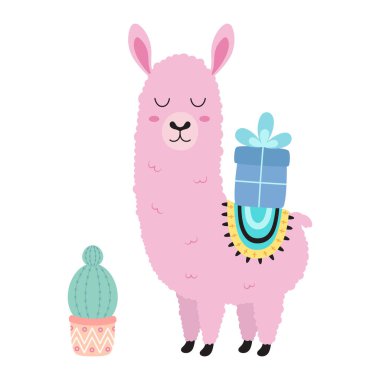 Sevimli çizgi film lama ya da hediye kutusu olan alpaka ve tencerede kaktüs, tebrik kartları için tasarım unsuru, düz stil vektör illüstrasyonu