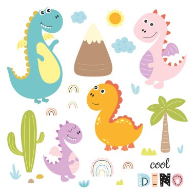 Beyaz arka planda izole edilmiş şirin dinozorlar, çizgi film hayvanları, kaktüsler, dağlar, palmiye ağaçları ve gökkuşağı ile komik vektör çizimleri.