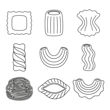 Klasik İtalyan yemeklerinin doğrusal resimleri, farklı türde makarna farfalle ve konchiglie, stortini ve ravioli, spagetti ve fusilli simgeleri