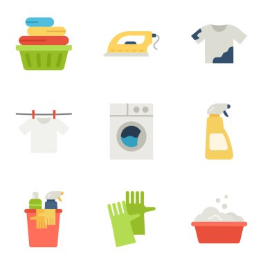 Laundry icon set. Dryer, Washing machine and dirt shirt. Laundromat, hand washing, laundry service. Vector illustration.