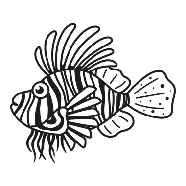 Beyaz arka planda izole edilmiş siyah beyaz aslan balığı çizgi film karakteri düz çizgili güzel su karakteri