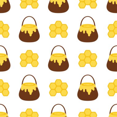 Bal kovası ve bal peteği ile karikatür deseni, düz stil vektör illüstrasyonu