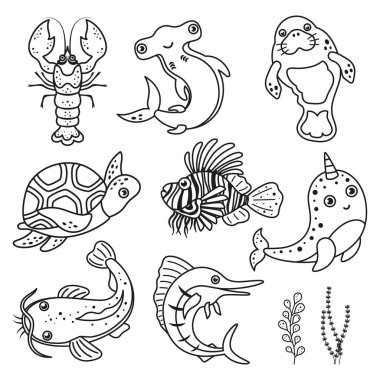 Deniz hayvanlarının olduğu renkli kart, sevimli çizgi film karakterleri set, çekiç balığı, yayın balığı, denizayısı, kılıç balığı, aslan balığı, kaplumbağa ve ıstakoz, düz stil, taslak vektör çizimi