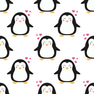 Çizgi film pengueni ve kalbi olan şirin, pürüzsüz bir desen hediye paketi için duvar kağıdı, sevgililer günü kartı ya da doğum günü kartı.