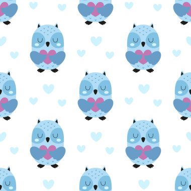 Sevgililer günü, sevimli baykuşları ve kalpleri olan kusursuz dokular, çizgi film romantizmi deseni.