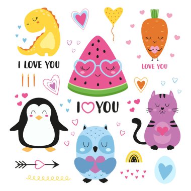 Sevgililer günü öğesi set kedi, aşk metni, kalp şekli, sevimli dinozor, penguen, baykuş, hava balonu ve havuç, tebrik kartı, tekstil, hediye etiketleri için mükemmel.