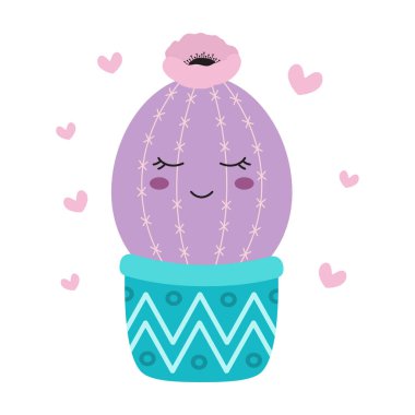 Tatlı sulu veya kaktüs tencerede izole edilmiş, mutlu yüzlü bitkinin çizgi film vektör çizimi