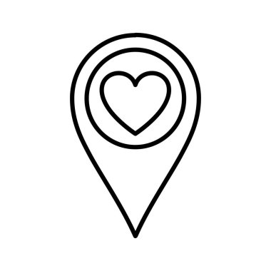 Aşk konumu simgesi. Kalp şeklindeki konum simgesi. En sevdiğim yerler. Vektör illüstrasyonu