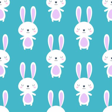 Sevimli tavşan karakteri kusursuz desen, düz vektör çizimi Paskalya günü davetiyesi, afiş, poster, kart, arkaplan