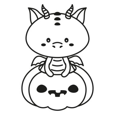 Siyah ve beyaz çizgi film ejderhası ve balkabağı, Cadılar Bayramı kartının taslağı.