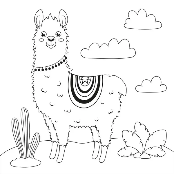 Outline Kaart Met Schattige Lama Zwart Wit Achtergrond Voor Het — Stockvector