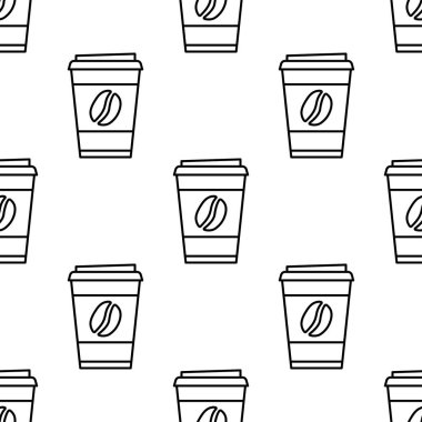 Tek kullanımlık kahve. Kusursuz desen. Kağıt kahve fincanlarıyla arka plan. Vektör