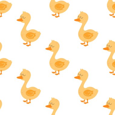 Sevimli ördek çizgi filmiyle kusursuz desen, hayvan karakterinin arka planı, düz stil.