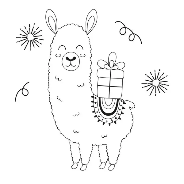 Outline Cute Llama Gift Box Holiday Confetti White Background Birthday Vector Graphics