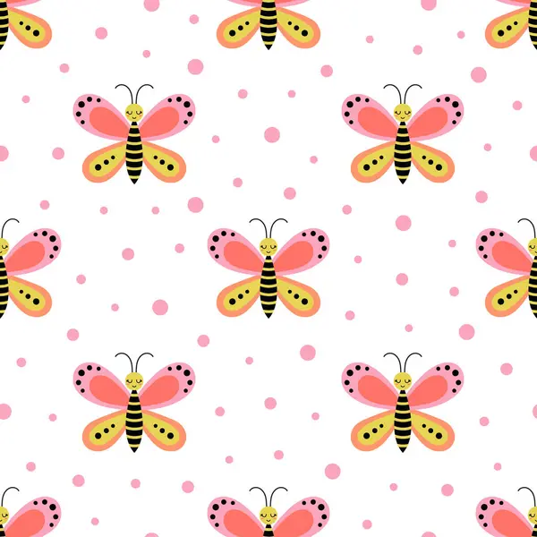 Seamless Pattern Cute Cartoon Butterfly White Background Flat Vector Illustration Royalty Free Stock Illustrations