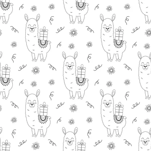 Schets Naadloos Patroon Met Schattige Lama Confetti Cadeau Vector Illustratie Rechtenvrije Stockillustraties