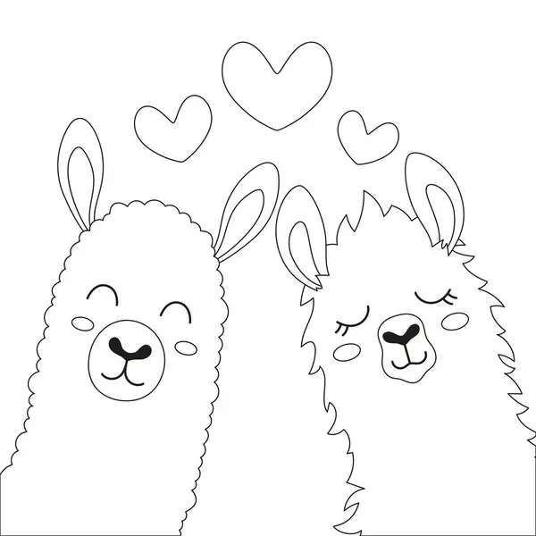 Outline Valentines Card Llamas Hearts Flat Vector Illustration Cartoon Funny Stock Vector