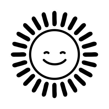 Mutlu güneş çizgisi ikonu. Çizgi film sevimli güneş karakteri. Gülümseyen yaz güneşi. Vektör illüstrasyonu
