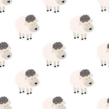 Kumaş, tekstil, kağıt, duvar kâğıdı, ambalaj ya da tebrik kartı, düz vektör illüstrasyonu için tüylü yün arka plan üzerinde sevimli, pürüzsüz koyun deseni