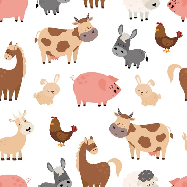 Farm Seamless Pattern Cute Background Different Domestic Animals Cartoon Style Stock Vector