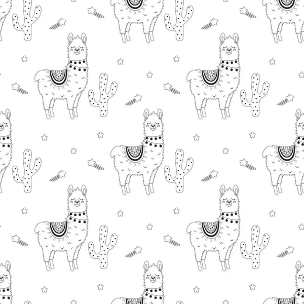 Seamless Pattern Llama Cactus Outline Flat Vector Illustration Stock Illusztrációk