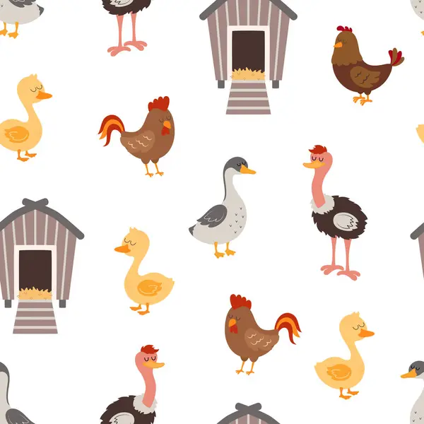 Funny Farm Birds Seamless Pattern Cartoon Background Goose Hen Cock Stock Illustration