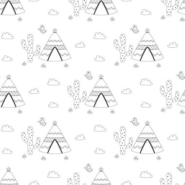 wigwam, kaktüs, kelebekler ve bulutlar, kızılderili kabilesi geçmişi, çizgi film çizimleri