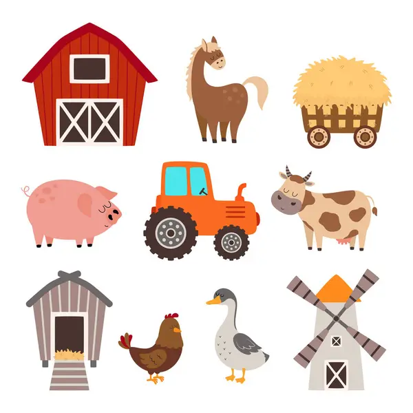 Illustrazione Elementi Agricoli Con Carine Mucche Cavallo Oca Gallo Maiale Illustrazione Stock