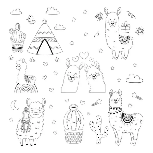Cute Little Llama Set Coloring Book Page Kids Collection Design Vetor De Stock