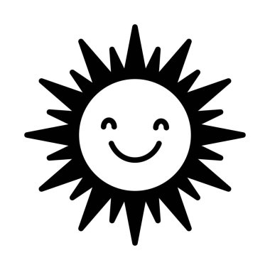 Sevimli güneş ikonu. Çizgi film mutlu güneş karakteri. Gülümseyen yaz güneşi. Vektör illüstrasyonu