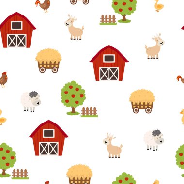 Çiftlik yassı vektör çizimi, hayvanlarla, ağaçla ve beyaz üzerine izole edilmiş binalarla karikatür çizimi