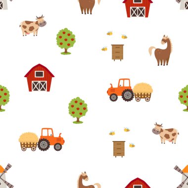 Şirin inek, at, çiftlik evi, kovan ve elma ağacı, değirmenin yaratıcı dokusu, kumaş için saman ve çizgi film hayvanları için traktör, sarma, tekstil, duvar kağıdı, giysi, düz stil
