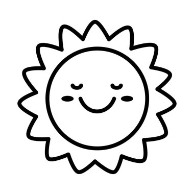 Mutlu güneş çizgisi ikonu. Çizgi film sevimli güneş karakteri. Gülümseyen yaz güneşi. Vektör illüstrasyonu