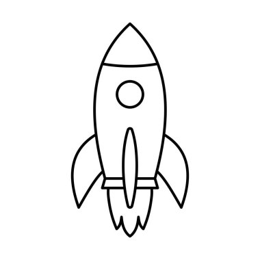 Uçan roket ikonu. Uzay yolculuğu. Projeyi başlatma işareti. Yaratıcı fikir sembolü. Ateşli bir roket gemisi. Vektör illüstrasyonu