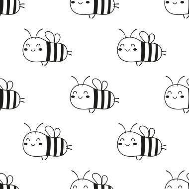 Anahat komik arılar arka plan, çizgi film siyah ve beyaz arı kovanı dikişsiz desen, düz tasarım